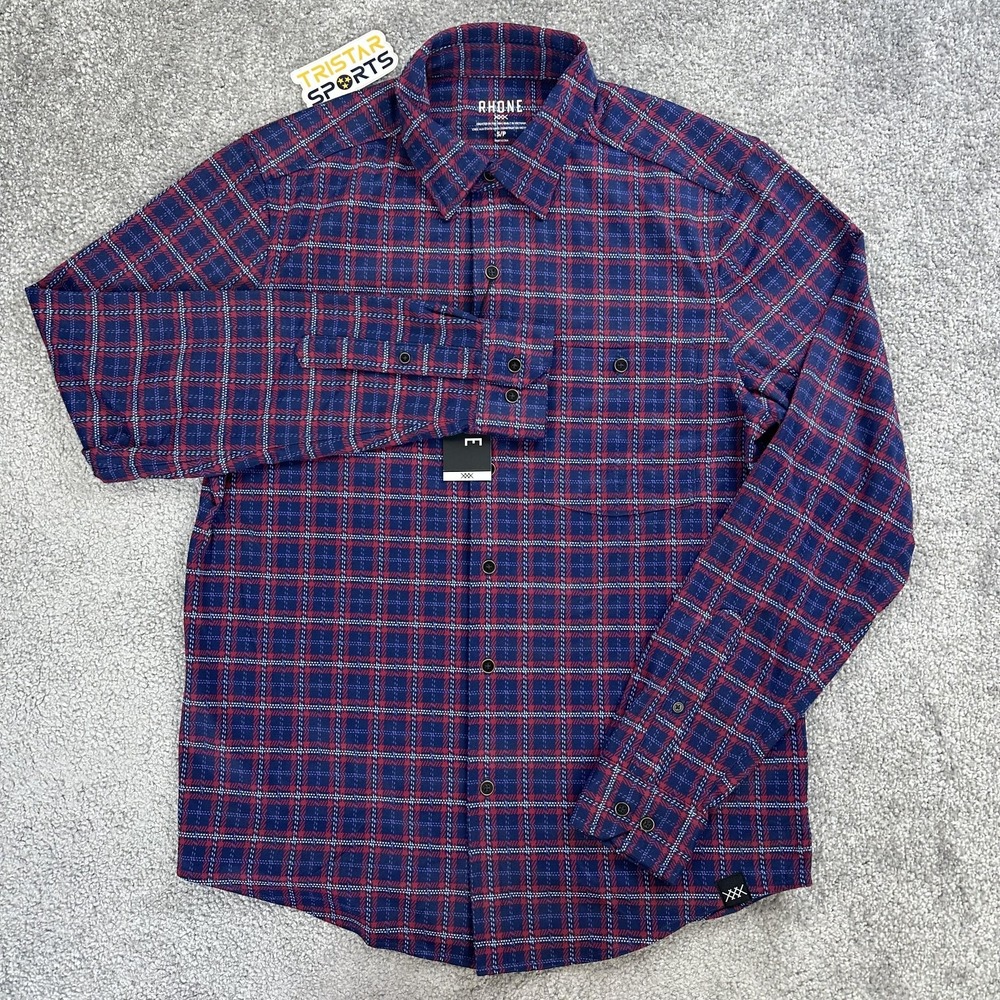 Rhone Hardy Flannel Shirt Mens Small Ocean Cavern Plaid Stretch Relaxed Wicking